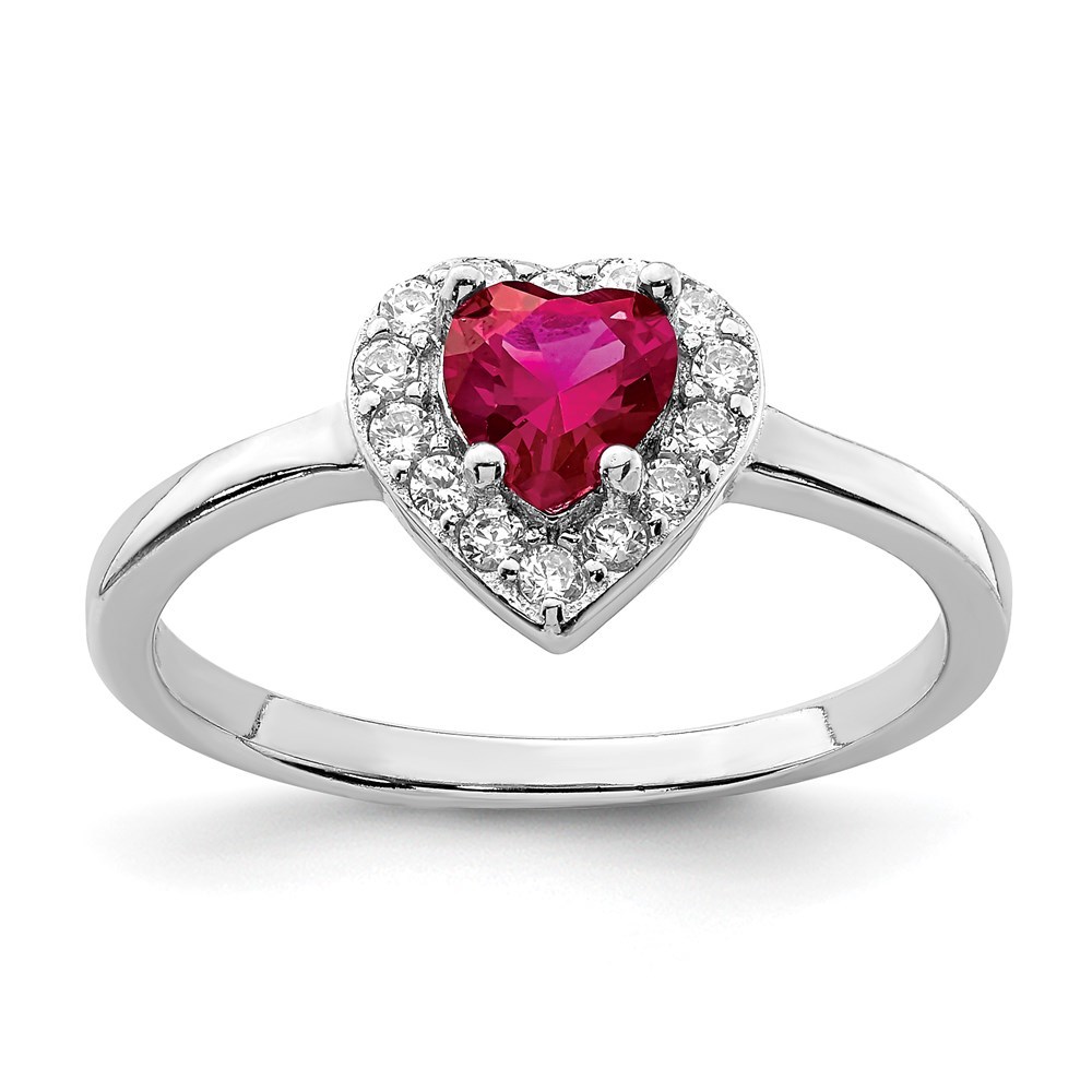 925 Sterling Silver Rhodium-plated Created Corundum & CZ Heart Ring